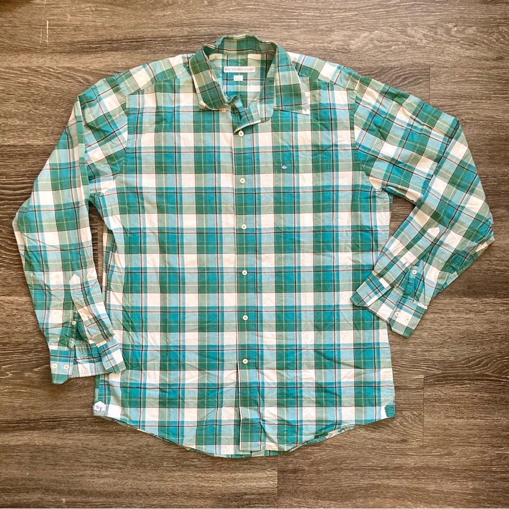 Southern Tide men’s classic fit blue/green plaid button down shirt in size large